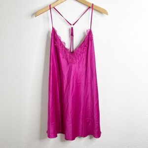 Fredericks of Hollywood Magenta Pink Satin Lace Trim Chemise Nightgown NWT